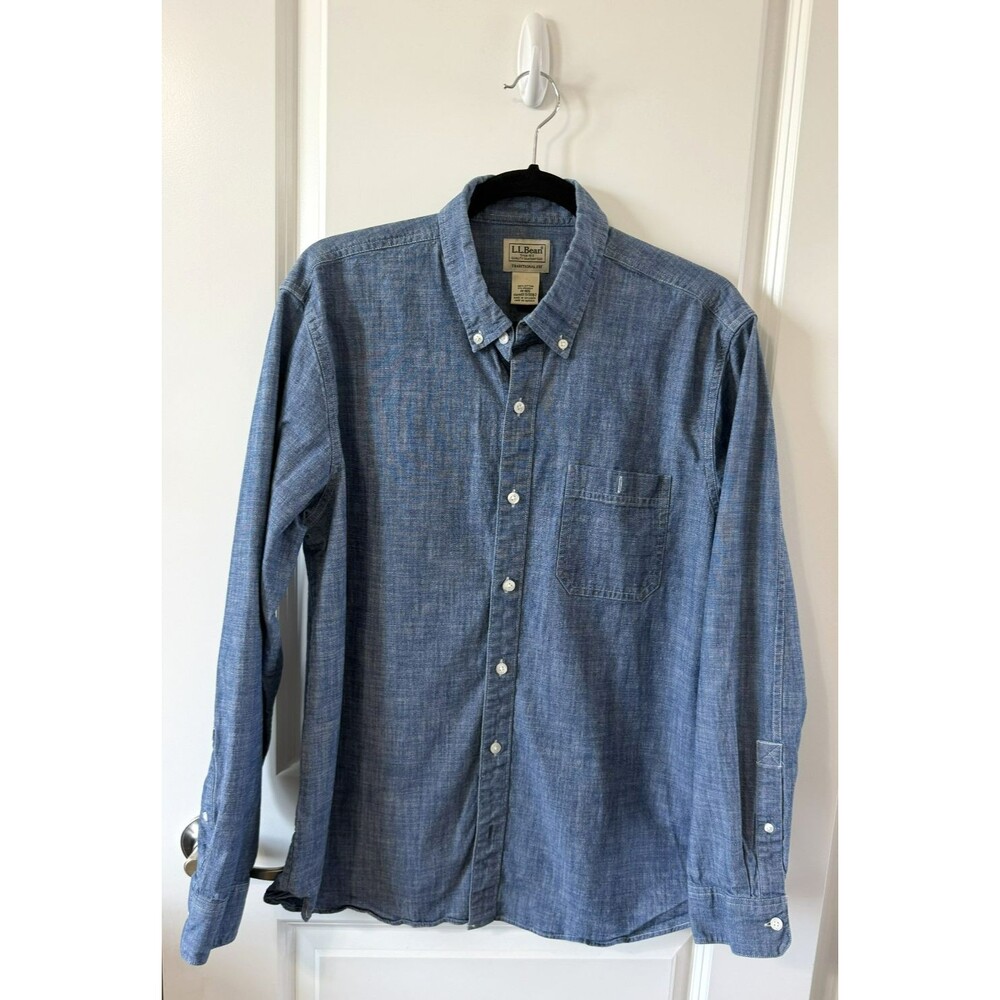 LL Bean Chambray Shirt Mens M Blue Dark Denim Button Up Traditional Fit